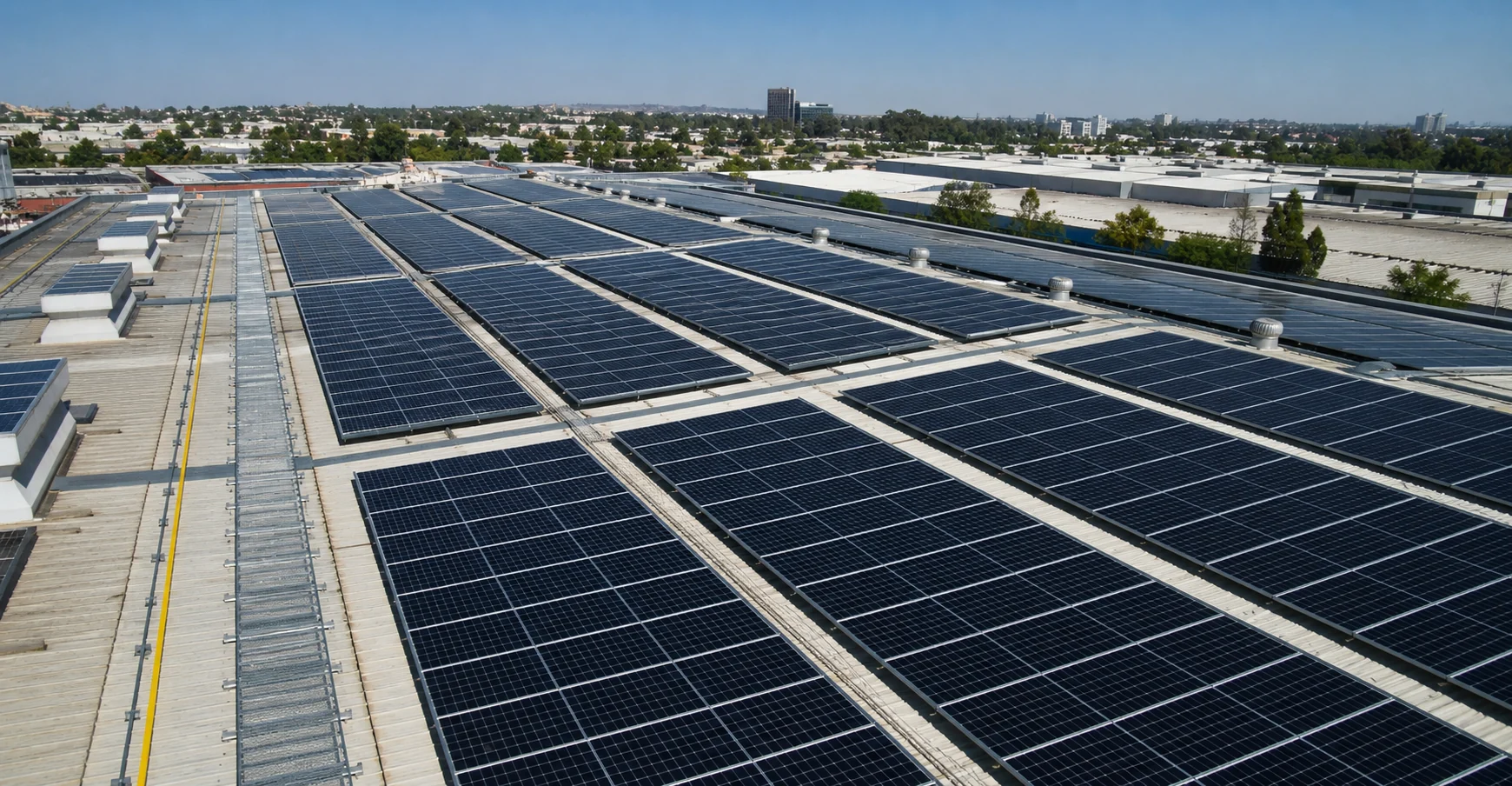 Filas de paneles solares instalados en el techo de una nave industrial